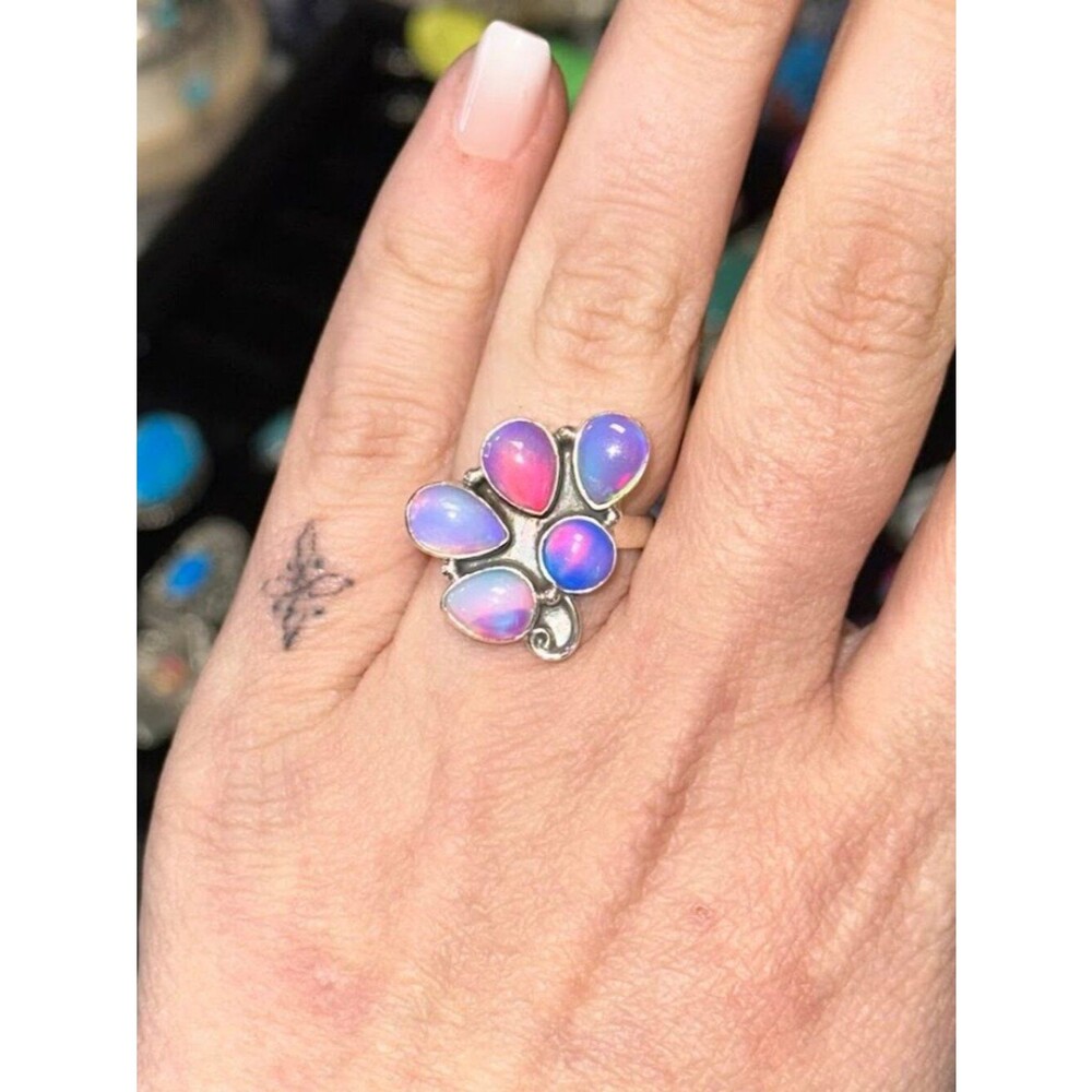 Pink/Purple Aurora Opal 5 Stone .925 Sterling Silver Ring Size 7